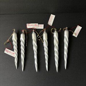 Vtg Department 56 Handblown‎ Glass Icicle Ornaments Set Of 6 White Christmas new